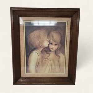 Vintage Margaret Kane Litho Print Big Eyes A Little Kiss Framed Signed 17"x20"